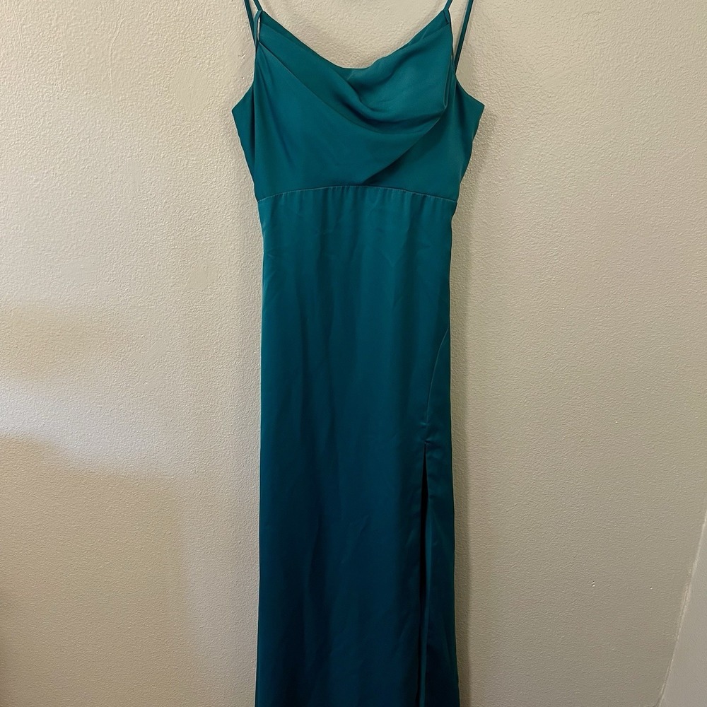 JVN By Jovani Green Satin Evening Dress Formal Train High Slit Flare Size 6
